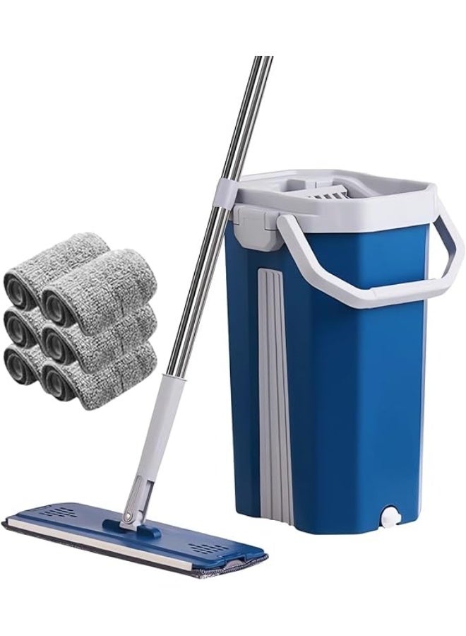 Flat mop with drain bucket for dual-function floor cleaning, with 6 absorbent microfiber mop pads for cleaning the house, wood, tile, and marble. - Image 1